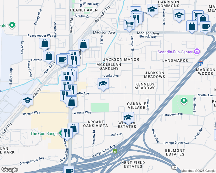 map of restaurants, bars, coffee shops, grocery stores, and more near 4930 Polk Street in North Highlands