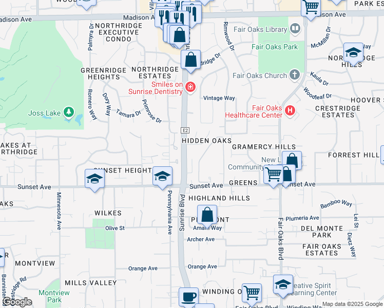 map of restaurants, bars, coffee shops, grocery stores, and more near 4838 Suncrest Way in Fair Oaks