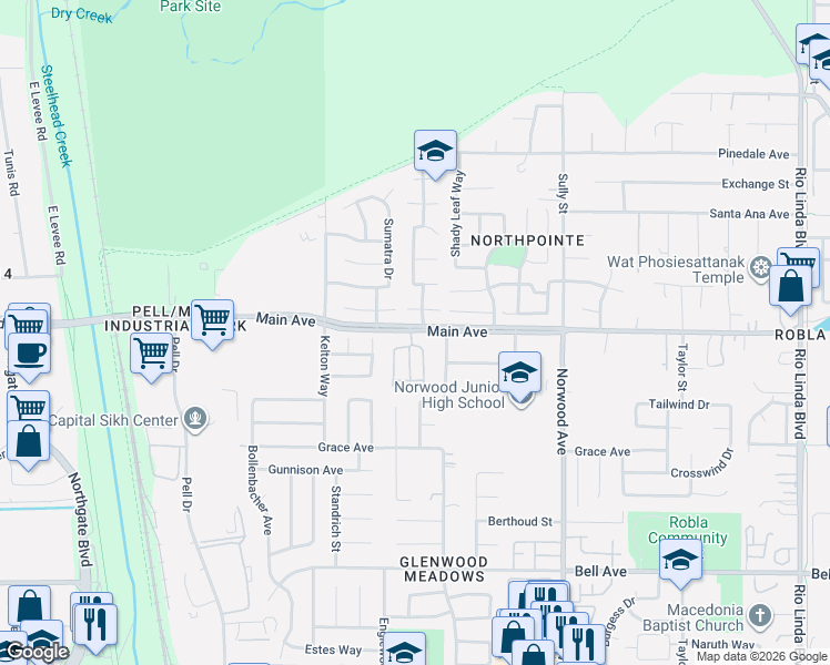 map of restaurants, bars, coffee shops, grocery stores, and more near 4788 Kit Way in Sacramento
