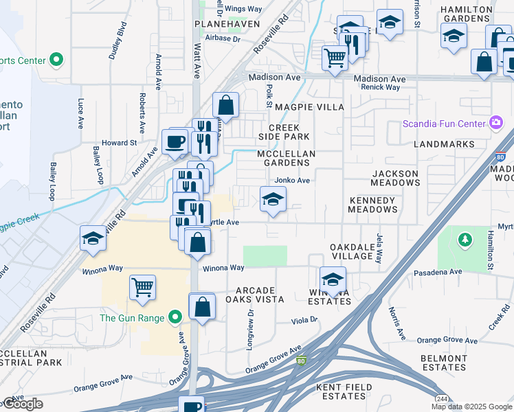 map of restaurants, bars, coffee shops, grocery stores, and more near 3634 Bellinger Court in North Highlands