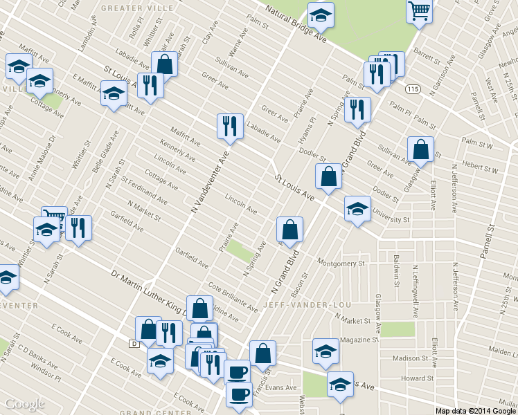map of restaurants, bars, coffee shops, grocery stores, and more near 3735 Lincoln Avenue in St. Louis