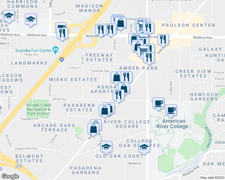 map of restaurants, bars, coffee shops, grocery stores, and more near 4612 Ashdale Court in Sacramento