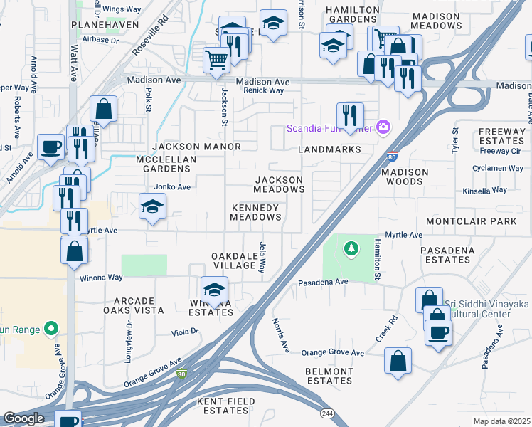 map of restaurants, bars, coffee shops, grocery stores, and more near 4007 Carriebee Court in North Highlands