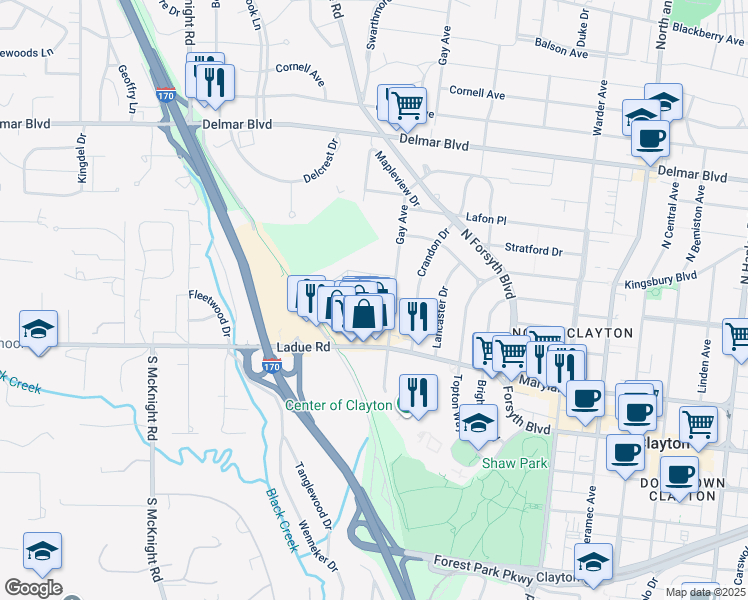 map of restaurants, bars, coffee shops, grocery stores, and more near 8522 Colonial Lane in St. Louis