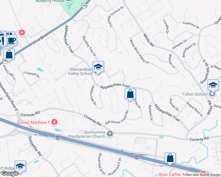 map of restaurants, bars, coffee shops, grocery stores, and more near 1203 Beaver Creek Road in Chesterfield