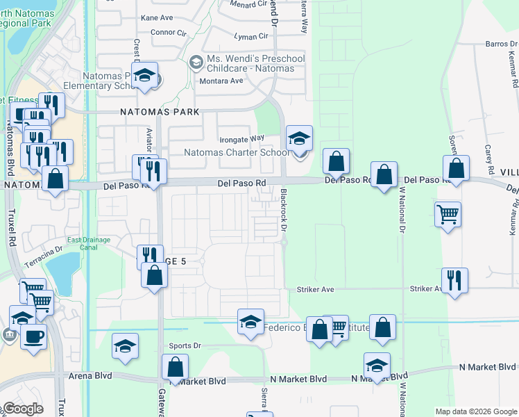 map of restaurants, bars, coffee shops, grocery stores, and more near 1675 Scarlet Ash Avenue in Sacramento