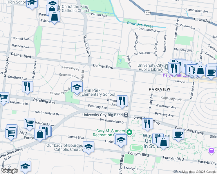 map of restaurants, bars, coffee shops, grocery stores, and more near 7101 Kingsbury Boulevard in University City