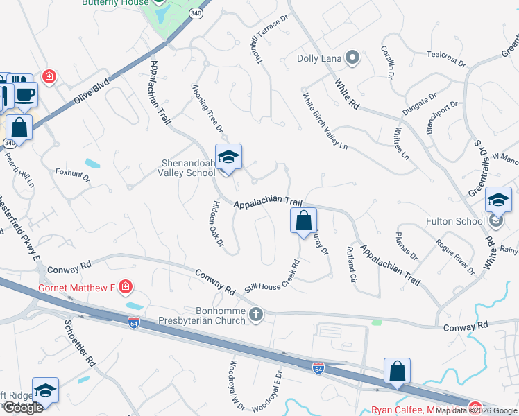 map of restaurants, bars, coffee shops, grocery stores, and more near 1203 Beaver Creek Road in Chesterfield