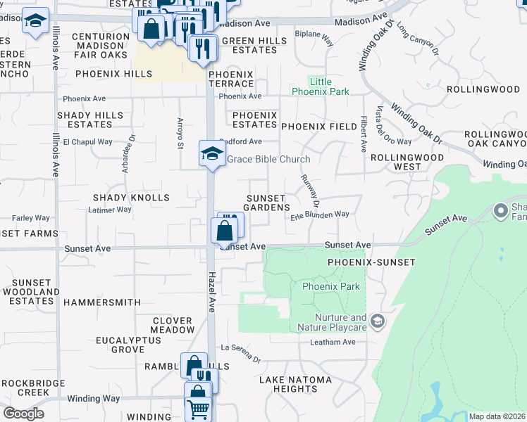map of restaurants, bars, coffee shops, grocery stores, and more near 4843 Skyway Dr in Fair Oaks
