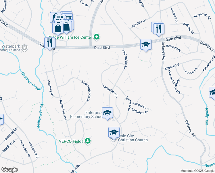 map of restaurants, bars, coffee shops, grocery stores, and more near 13735 Langstone Drive in Woodbridge