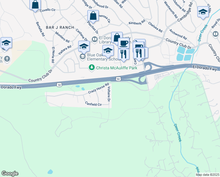 map of restaurants, bars, coffee shops, grocery stores, and more near 4411 Voltaire Drive in Shingle Springs