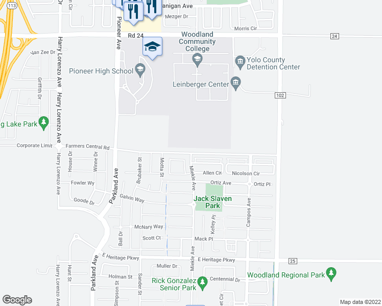 map of restaurants, bars, coffee shops, grocery stores, and more near 2236 Farmers Central Road in Woodland