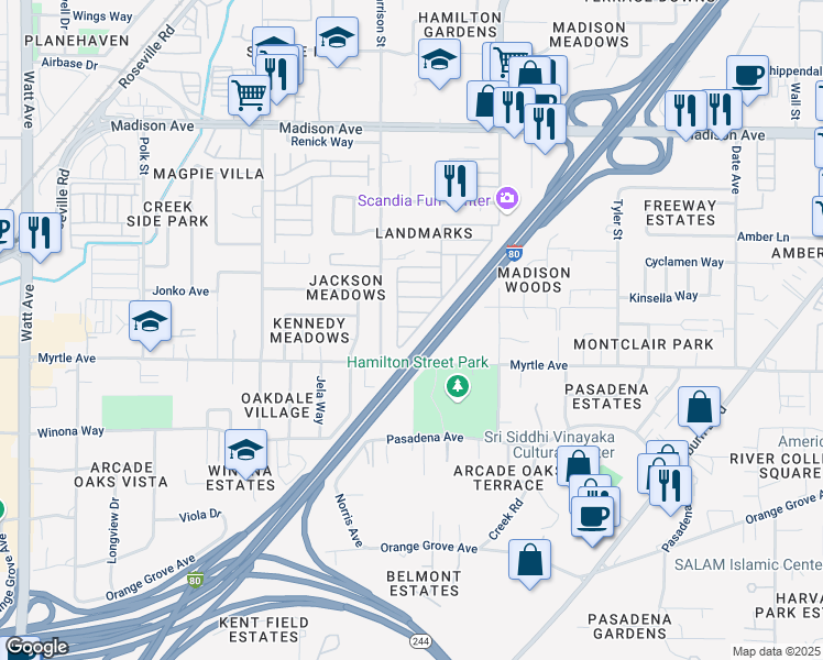 map of restaurants, bars, coffee shops, grocery stores, and more near 4126 Chesapeake Lane in North Highlands