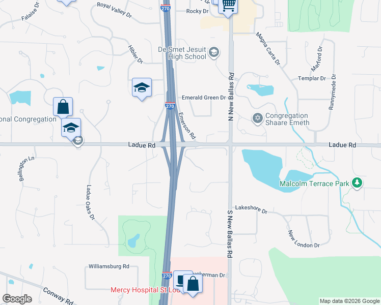 map of restaurants, bars, coffee shops, grocery stores, and more near 10 Woodbridge Manor Road in Creve Coeur