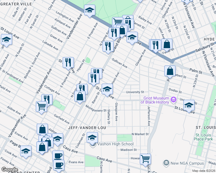 map of restaurants, bars, coffee shops, grocery stores, and more near 3206 University Street in Saint Louis