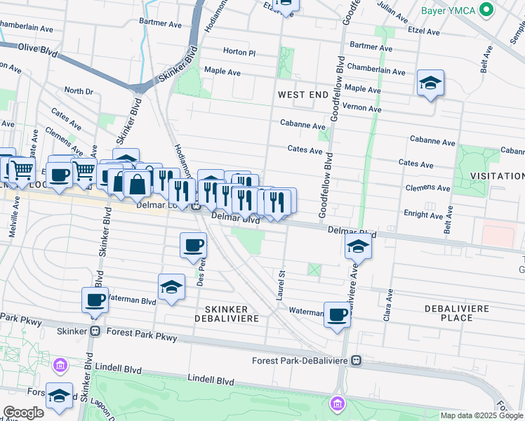 map of restaurants, bars, coffee shops, grocery stores, and more near 5901 Delmar Boulevard in St. Louis