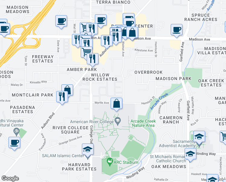 map of restaurants, bars, coffee shops, grocery stores, and more near 4901 Little Oak Lane in Sacramento