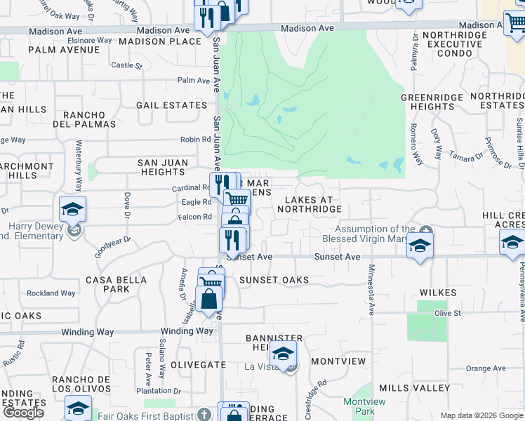 map of restaurants, bars, coffee shops, grocery stores, and more near 4941 Stamas Lane in Fair Oaks