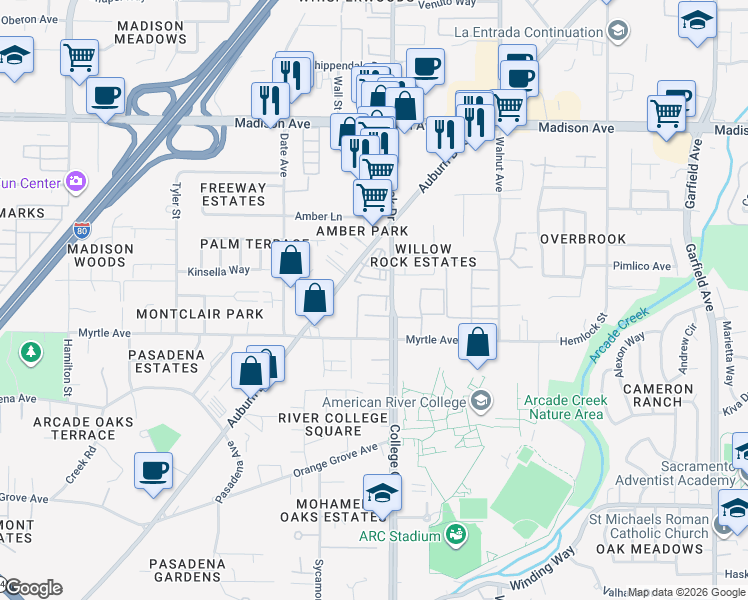 map of restaurants, bars, coffee shops, grocery stores, and more near 4942 Ferigo Lane in Sacramento