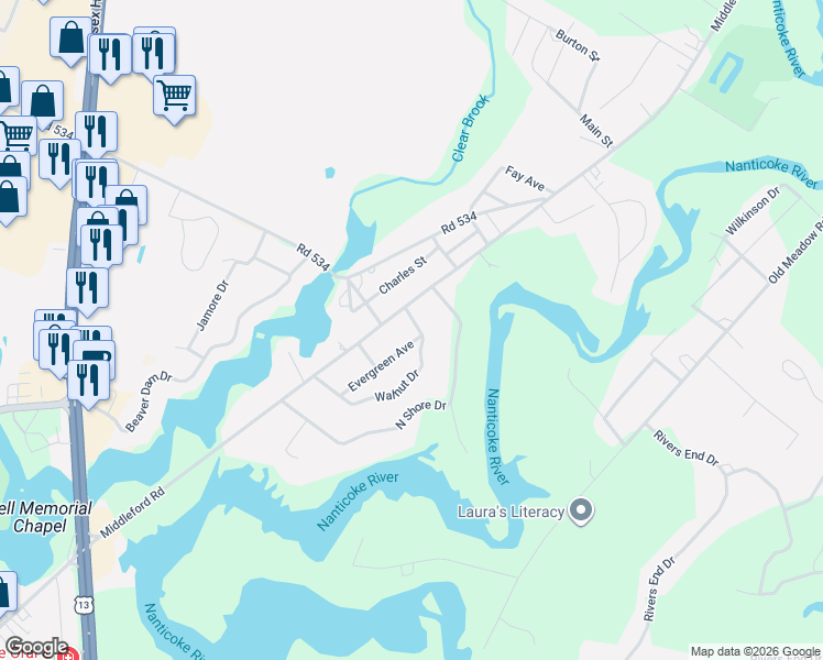 map of restaurants, bars, coffee shops, grocery stores, and more near 9816 Walnut Drive in Seaford