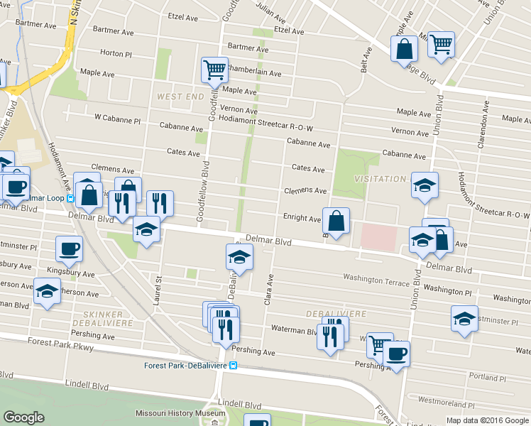 map of restaurants, bars, coffee shops, grocery stores, and more near 5602 Enright Avenue in St. Louis