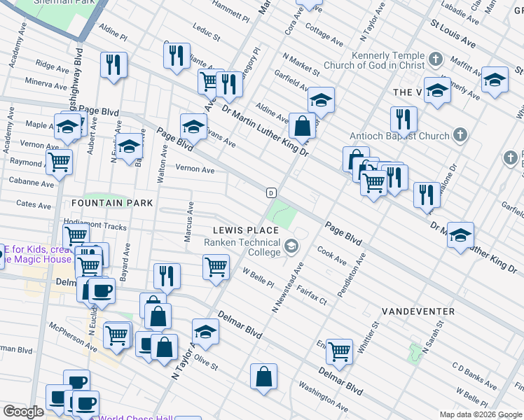 map of restaurants, bars, coffee shops, grocery stores, and more near 1205 North Taylor Avenue in St. Louis