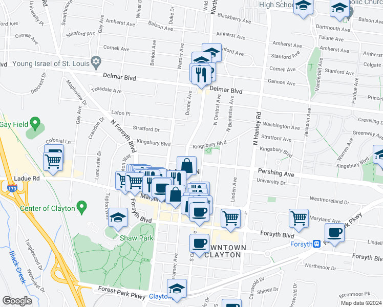 map of restaurants, bars, coffee shops, grocery stores, and more near 220 North Meramec Avenue in Clayton