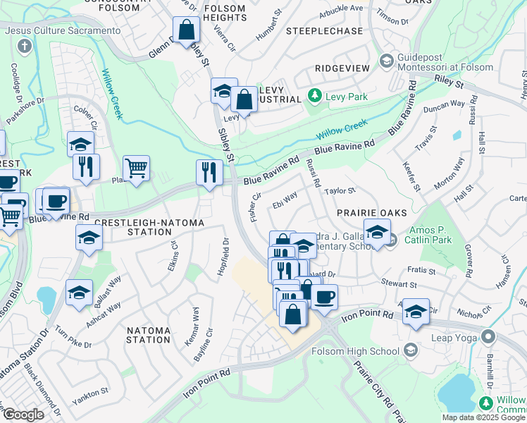map of restaurants, bars, coffee shops, grocery stores, and more near 433 Ebi Way in Folsom