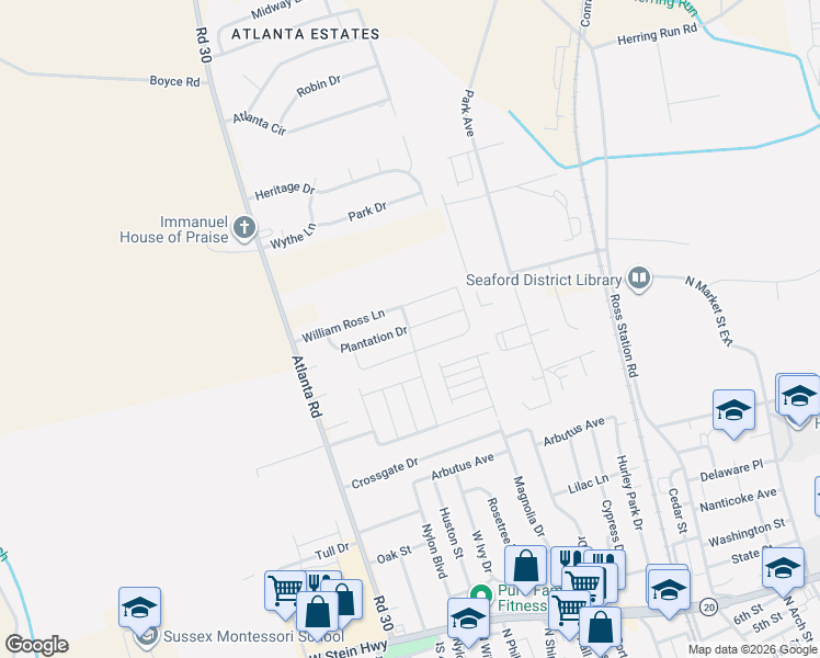 map of restaurants, bars, coffee shops, grocery stores, and more near 400 Plantation Drive in Seaford