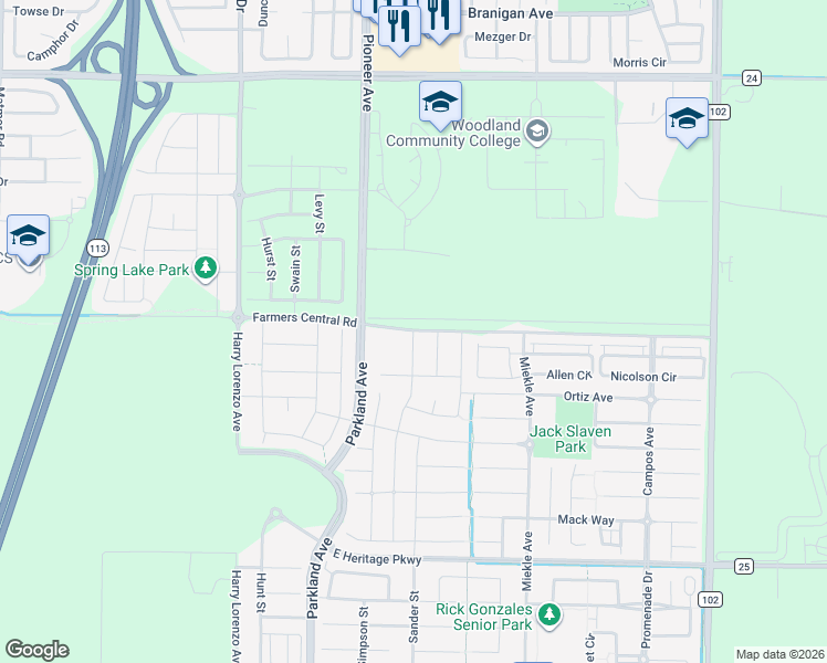 map of restaurants, bars, coffee shops, grocery stores, and more near 2170 Farmers Central Road in Woodland