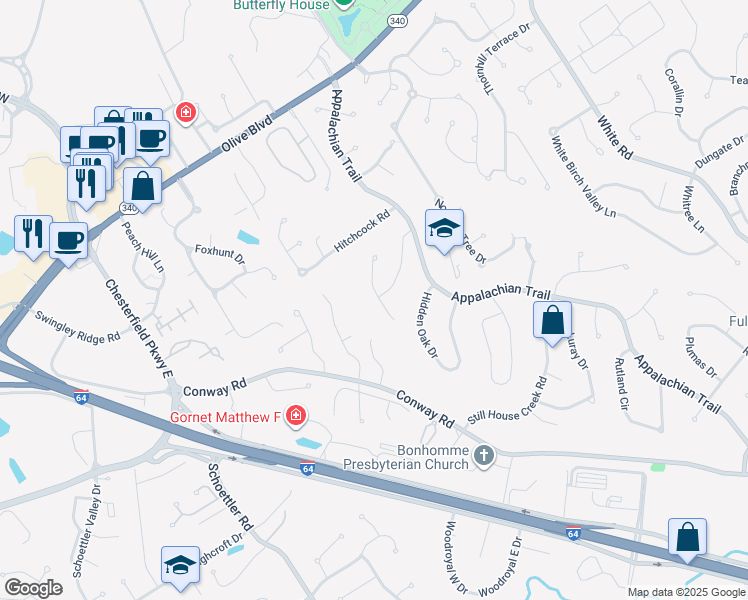 map of restaurants, bars, coffee shops, grocery stores, and more near 1159 Richland Drive in Chesterfield