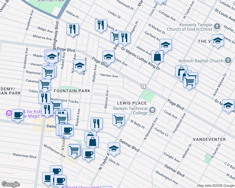 map of restaurants, bars, coffee shops, grocery stores, and more near 35 Lewis Place in St. Louis