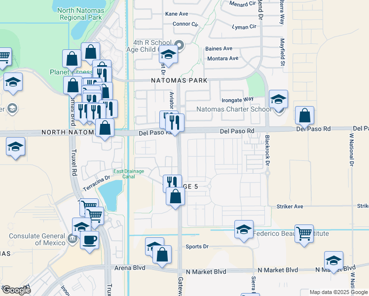 map of restaurants, bars, coffee shops, grocery stores, and more near 4551 Gateway Park Boulevard in Sacramento