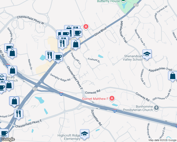 map of restaurants, bars, coffee shops, grocery stores, and more near 1018 Cambridge Way Drive in Chesterfield