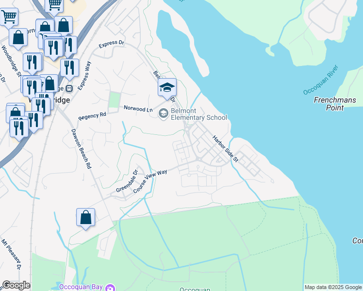 map of restaurants, bars, coffee shops, grocery stores, and more near 13708 Pinnacle Street in Woodbridge