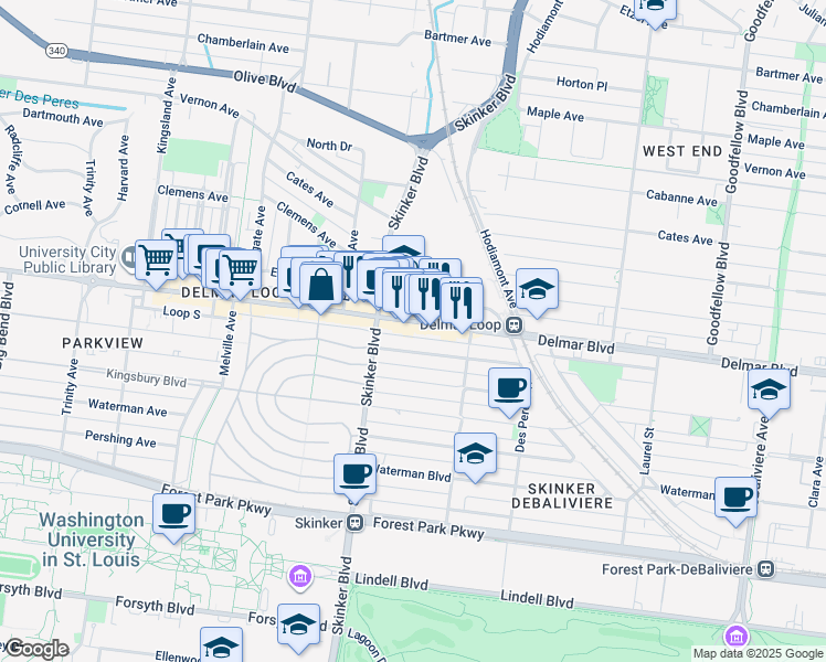 map of restaurants, bars, coffee shops, grocery stores, and more near 6154 Delmar Blvd in St Louis