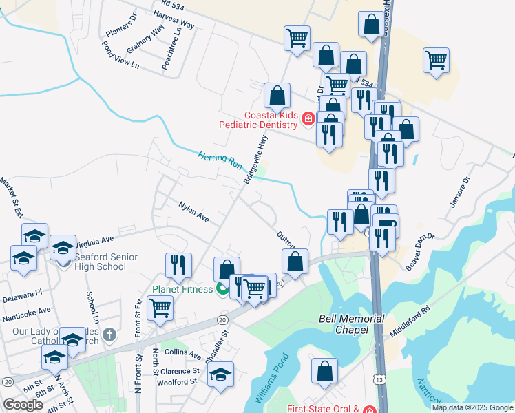 map of restaurants, bars, coffee shops, grocery stores, and more near 86/89 Seaford Meadows Drive in Seaford