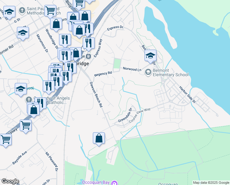 map of restaurants, bars, coffee shops, grocery stores, and more near 903 Totten Road in Woodbridge