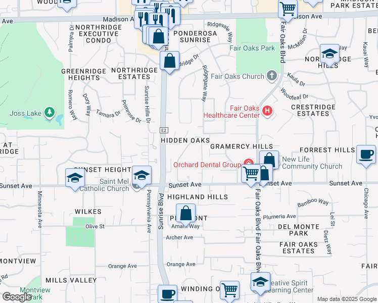 map of restaurants, bars, coffee shops, grocery stores, and more near 4834 Sunset Terrace Lane in Fair Oaks