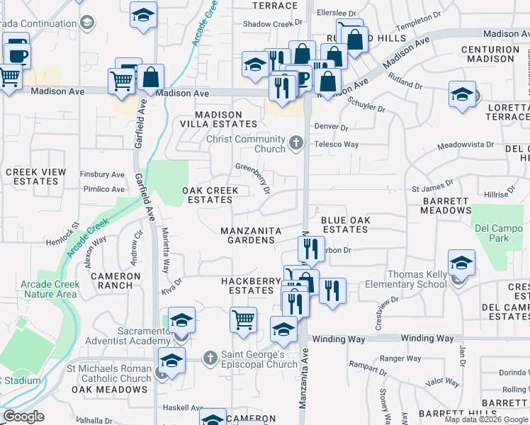 map of restaurants, bars, coffee shops, grocery stores, and more near 5800 Esrig Way in Sacramento
