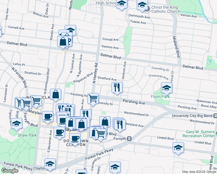 map of restaurants, bars, coffee shops, grocery stores, and more near 7440 Kingsbury Boulevard in St. Louis