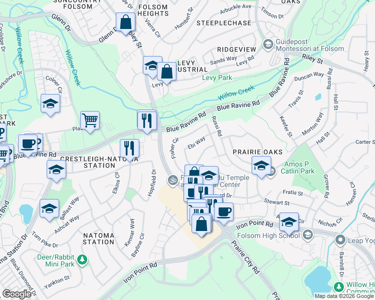 map of restaurants, bars, coffee shops, grocery stores, and more near 433 Ebi Way in Folsom