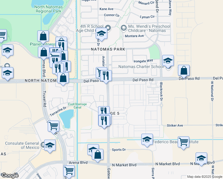 map of restaurants, bars, coffee shops, grocery stores, and more near 4551 Gateway Park Boulevard in Sacramento