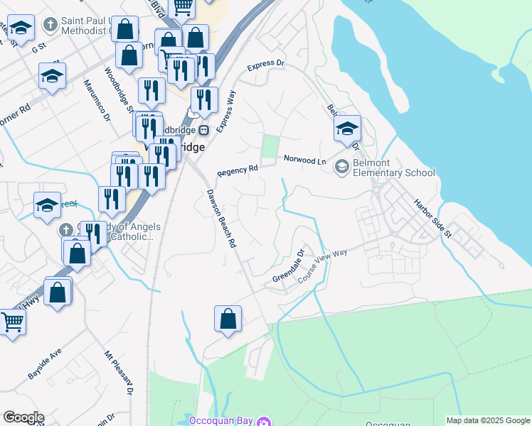 map of restaurants, bars, coffee shops, grocery stores, and more near 903 Totten Road in Woodbridge