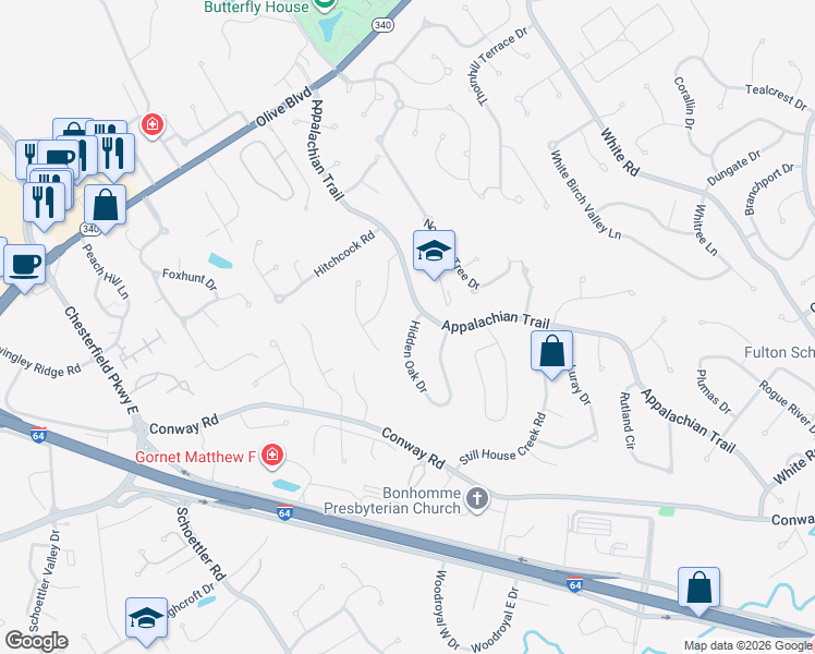 map of restaurants, bars, coffee shops, grocery stores, and more near 1215 Hidden Oak Drive in Chesterfield