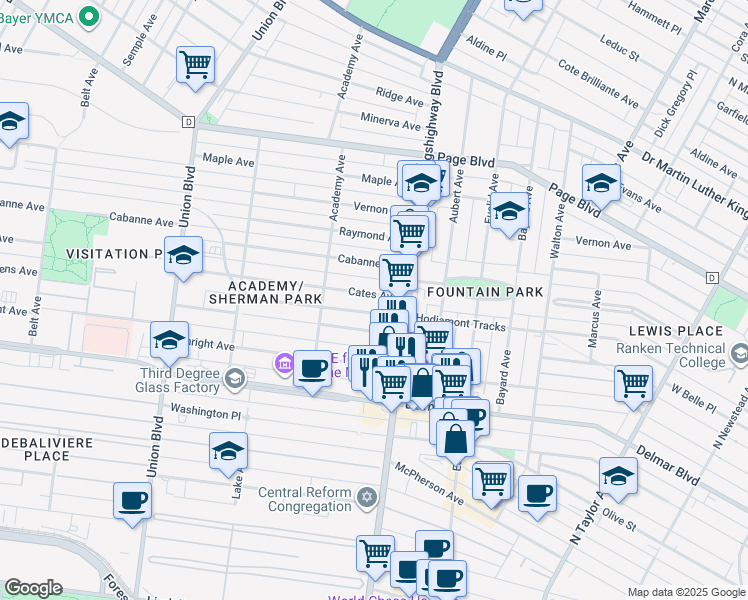 map of restaurants, bars, coffee shops, grocery stores, and more near 5034 Cates Avenue in St. Louis