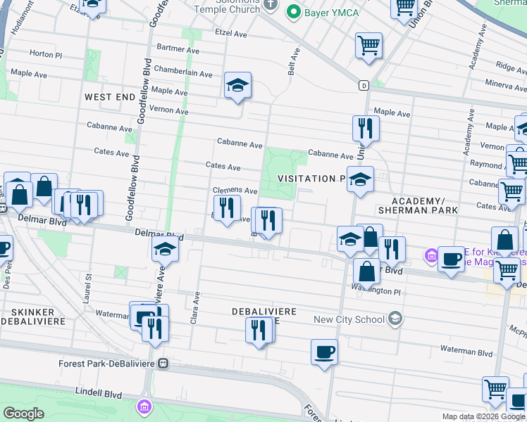 map of restaurants, bars, coffee shops, grocery stores, and more near 751 Belt Avenue in St. Louis