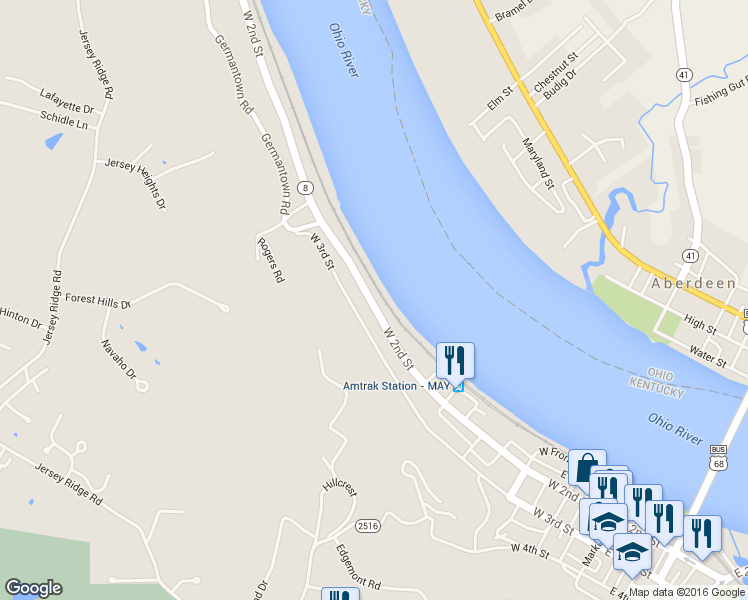 map of restaurants, bars, coffee shops, grocery stores, and more near 497 West 2nd Street in Maysville