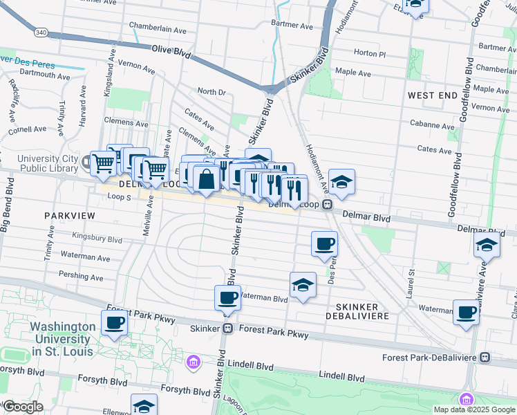 map of restaurants, bars, coffee shops, grocery stores, and more near 6154 Delmar Boulevard in St. Louis