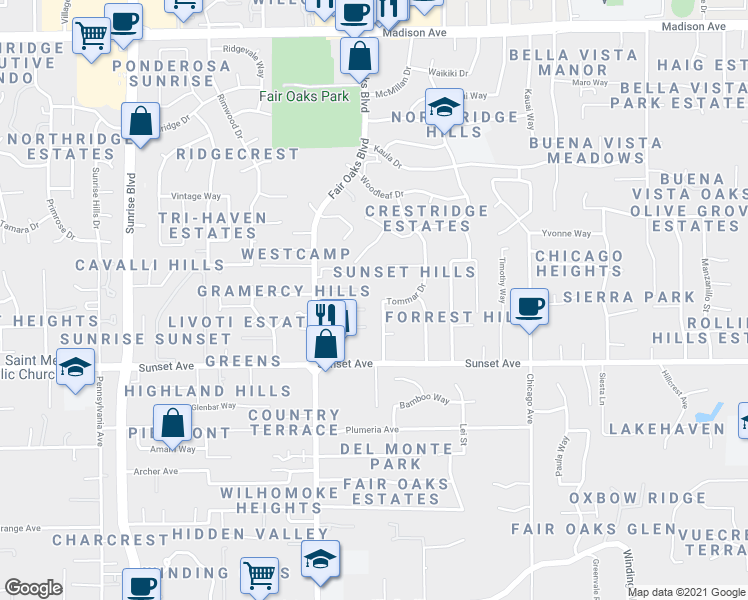 map of restaurants, bars, coffee shops, grocery stores, and more near 4841 Tommar Drive in Fair Oaks